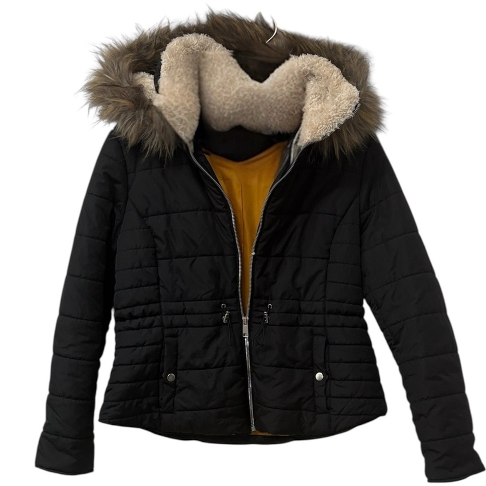 Maralyn & Me Black Puffer Jacket with Faux Fur Hood